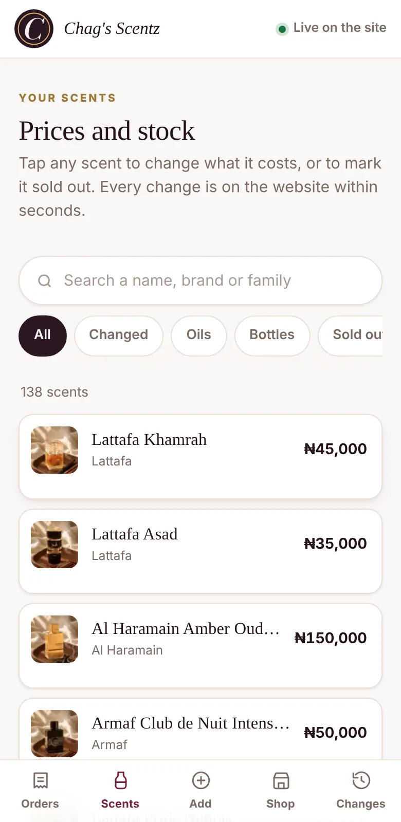 Chag's Scentz dashboard on a phone: scents with photos and prices, and tabs for orders, adding scents, shop details and changes