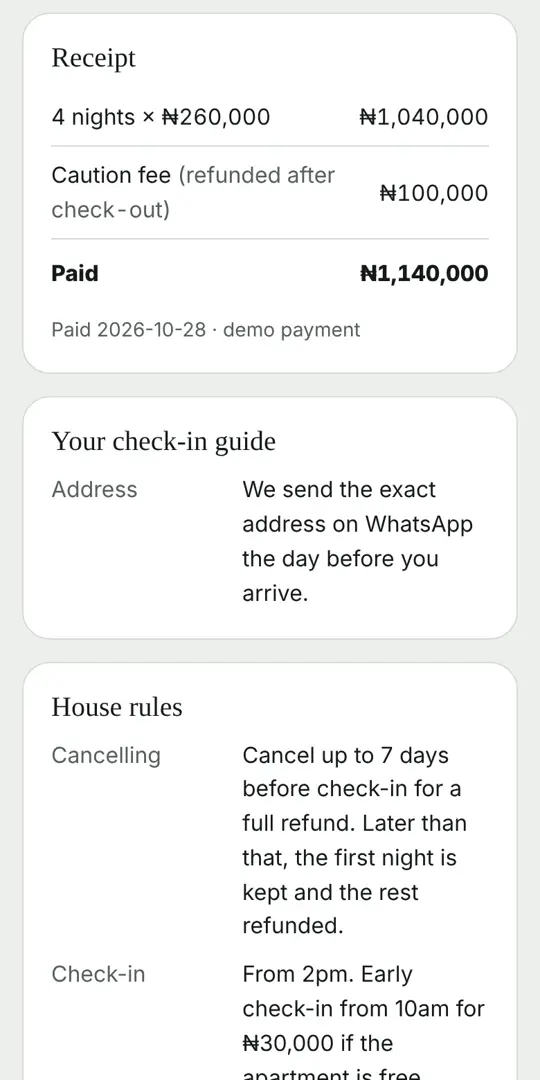 A paid booking with the check-in guide